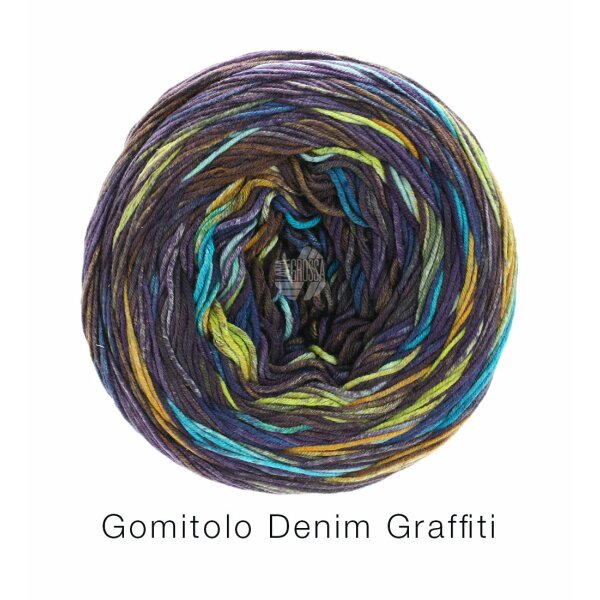 Lana Grossa - Gomitolo Denim Graffiti 0354 aubergine dunkelblau mint türkis gelb pistazie
