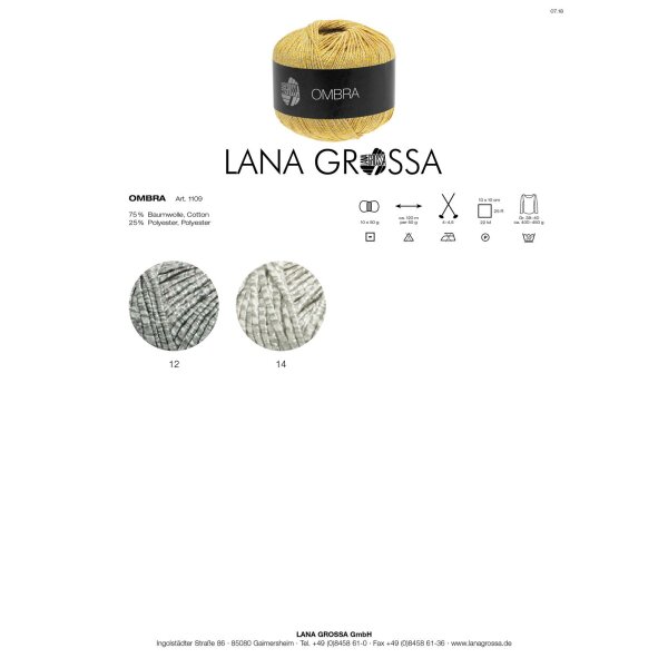 11€/100g Ombra 50g Lana Grossa Baumwoll Effektgarn Fb 005 Graugrün/Natur 